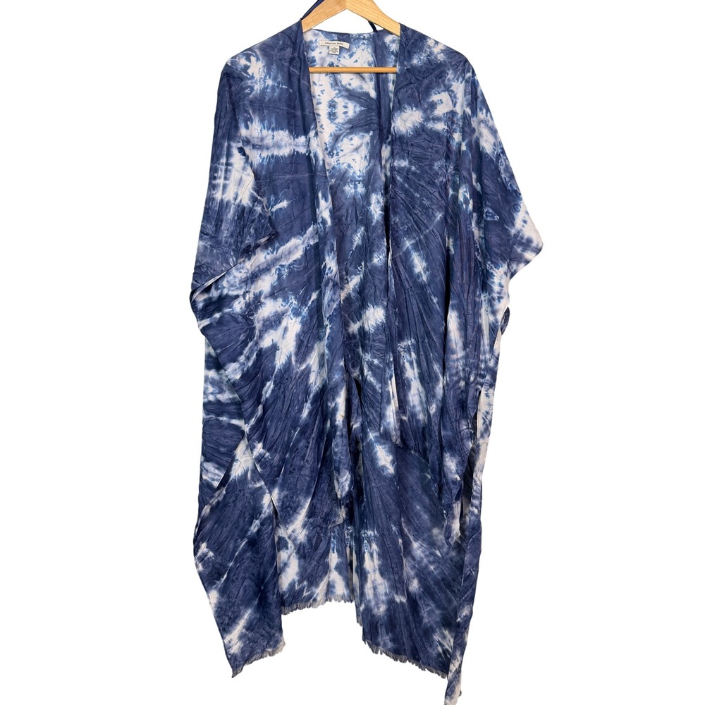 American Eagle Blue White Tie Dye Kimono Wrap Frayed Hem OS 7L5WS80Q